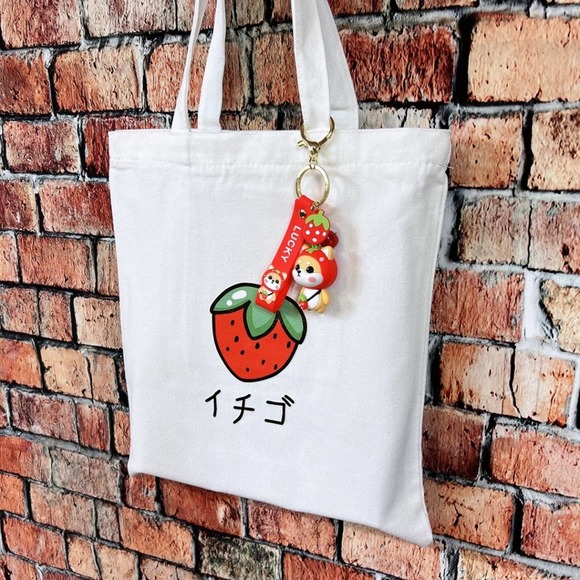 Strawberry Tote Bag J-pop Style with a Cute Red Strawberry Shiba Inu Key - Picture 2 of 10